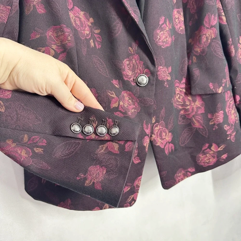 WHBM Burgundy Floral Rose Single Button Blazer Women's Size 12 gold crest button - Picture 2 of 14